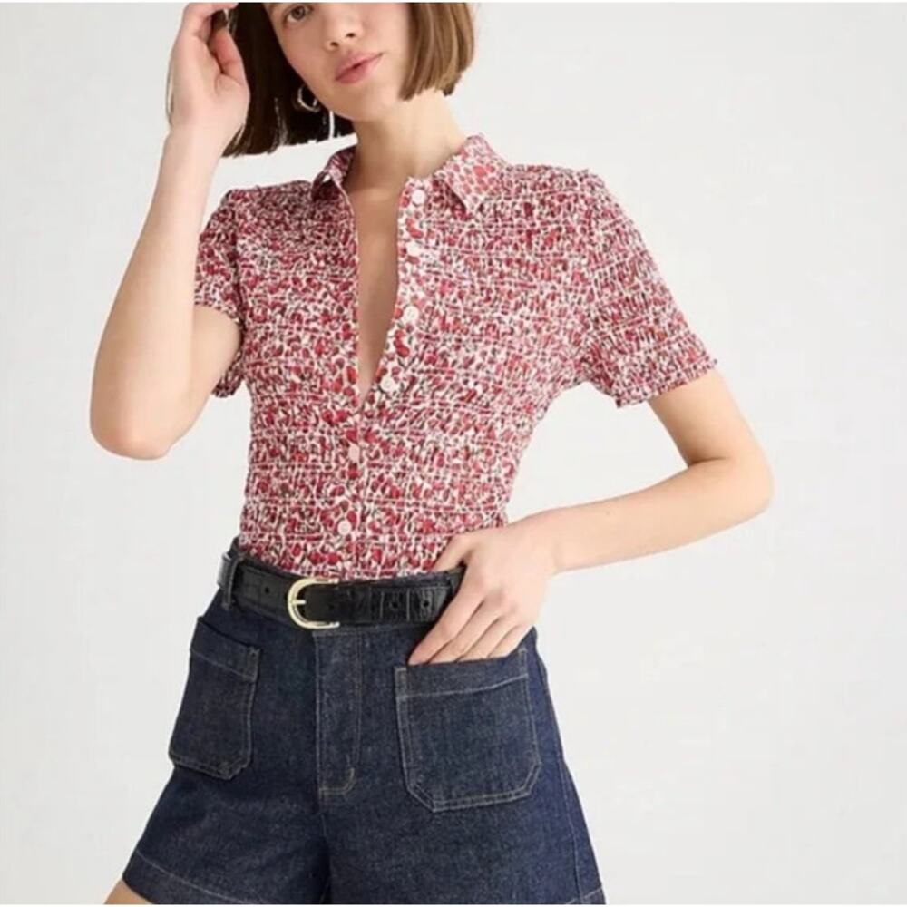 NWT J.Crew Liberty Fabric Smocked Top XXS Red Floral Button Front Cottagecore